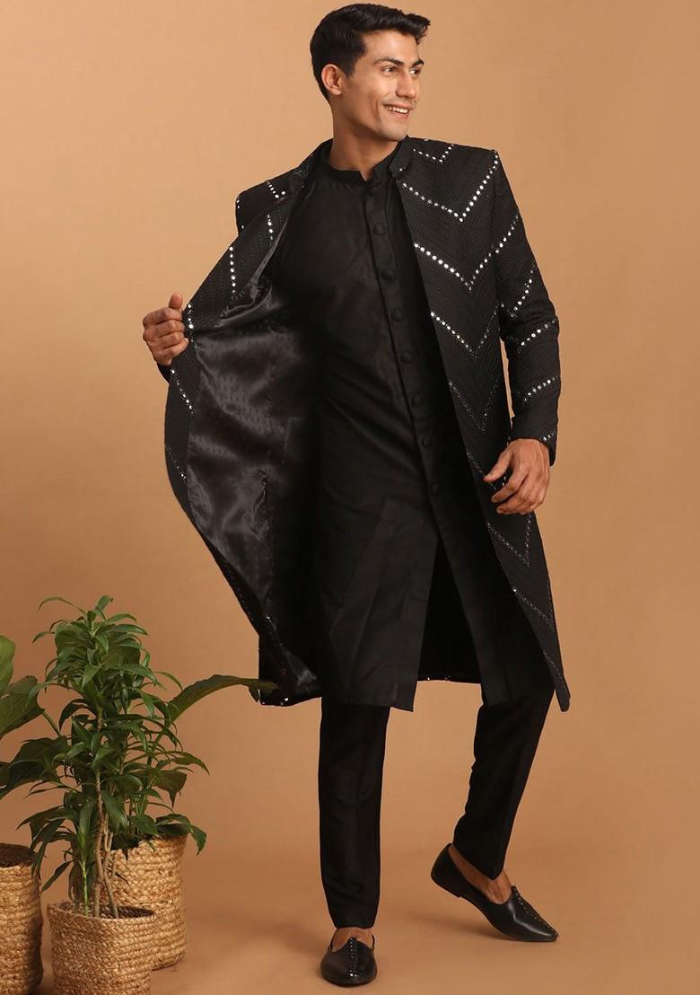 Black Embroidered Poly Blend Indowestern Sherwani Set For Men