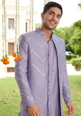 Purple Mirror Work Poly Blend Indowestern Sherwani Set For Men