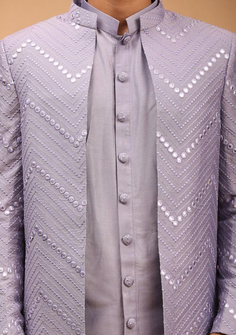 Purple Mirror Work Poly Blend Indowestern Sherwani Set For Men