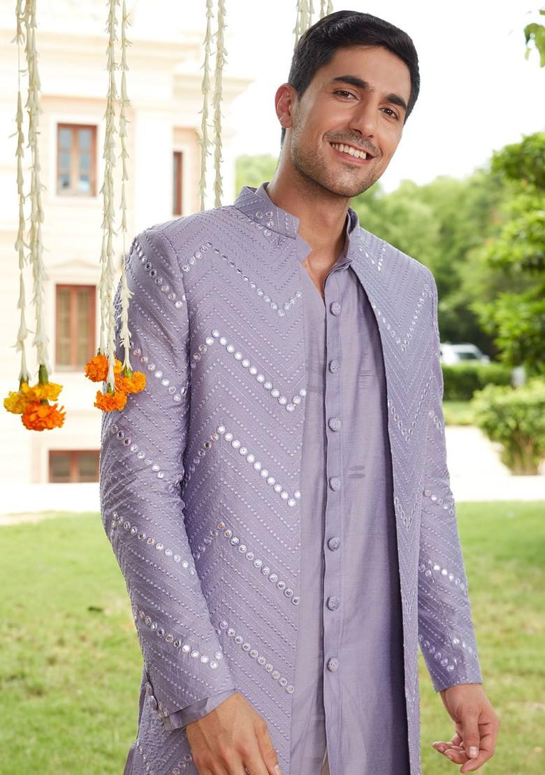 Purple Mirror Work Poly Blend Indowestern Sherwani Set For Men