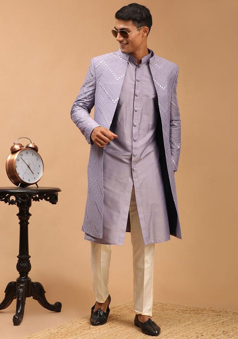 Purple Mirror Work Poly Blend Indowestern Sherwani Set For Men