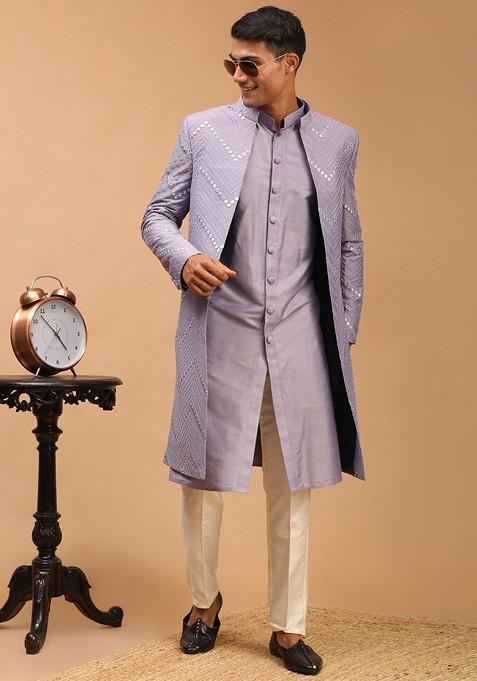 Purple Mirror Work Poly Blend Indowestern Sherwani Set For Men