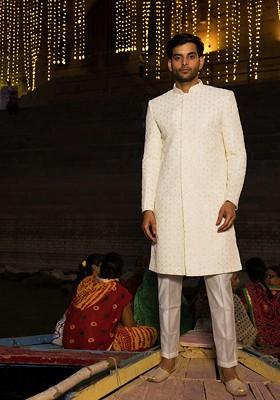 Cream Embroidered Poly Blend Indowestern Sherwani Set For Men