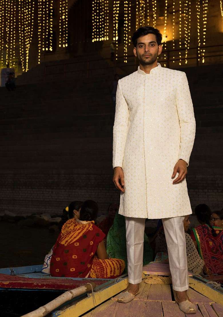 Cream Embroidered Poly Blend Indowestern Sherwani Set For Men - Indya