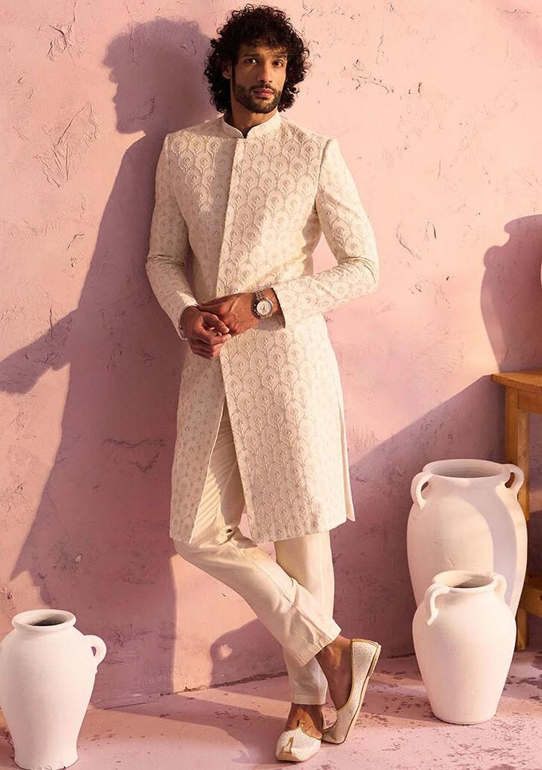 Cream Embroidered Poly Blend Indowestern Sherwani Set For Men
