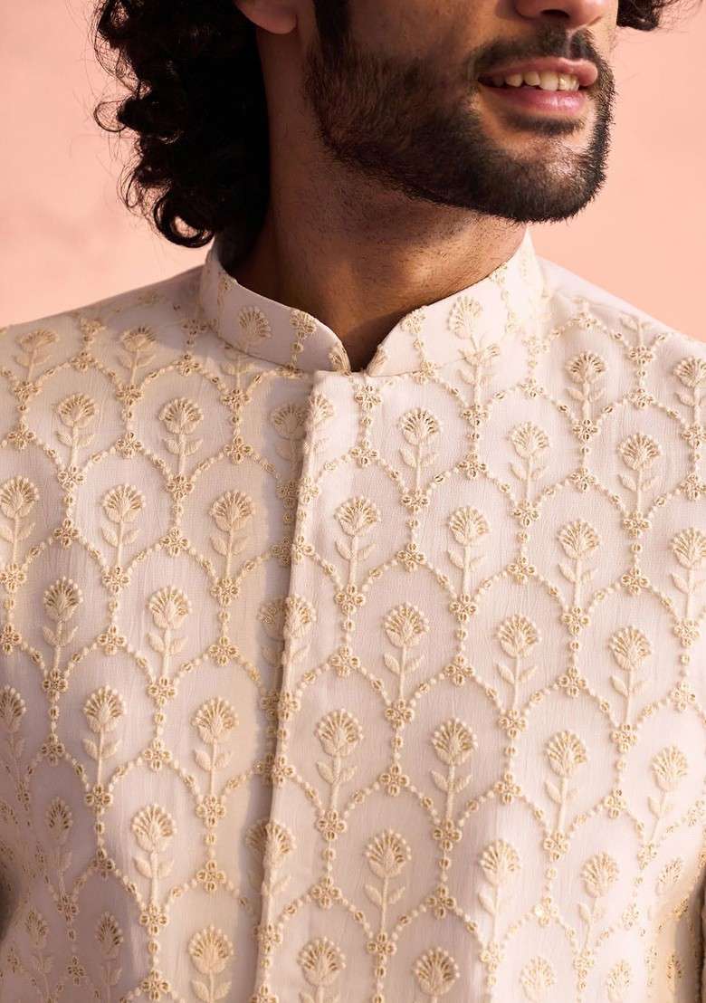 Cream Embroidered Poly Blend Indowestern Sherwani Set For Men - Indya