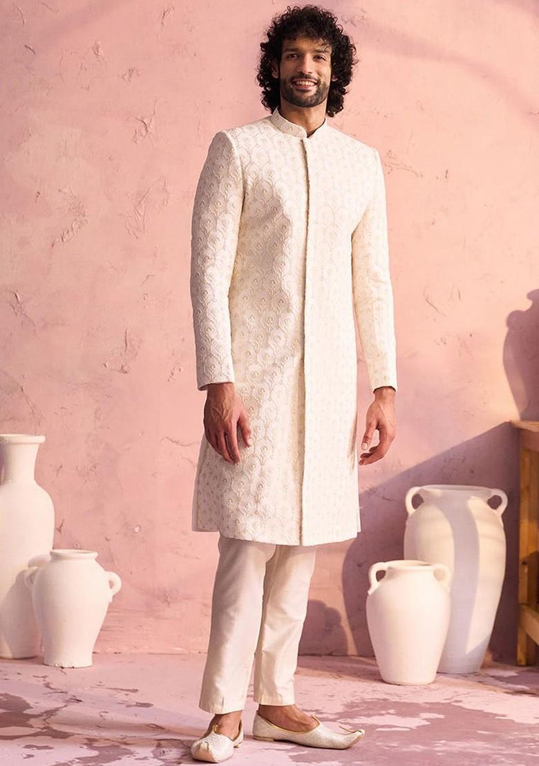 Cream Embroidered Poly Blend Indowestern Sherwani Set For Men