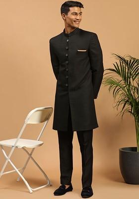 Black Solid Poly Blend Indowestern Sherwani Set For Men