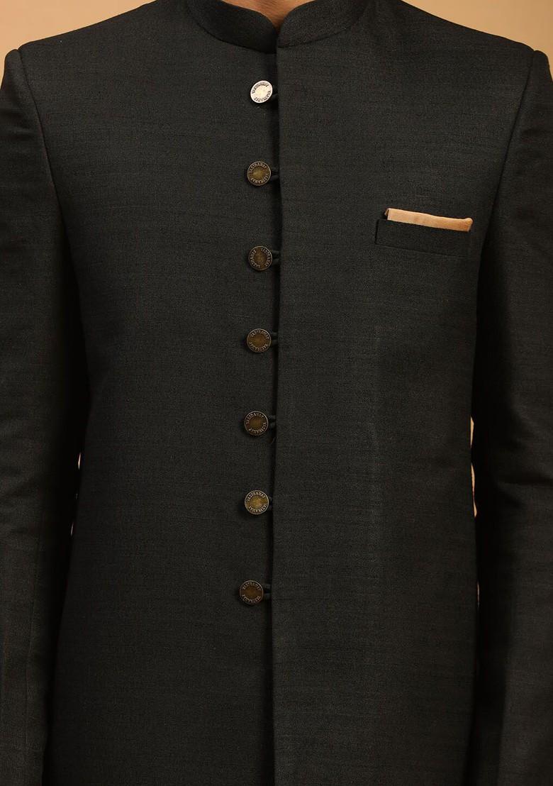 Black Solid Poly Blend Indowestern Sherwani Set For Men