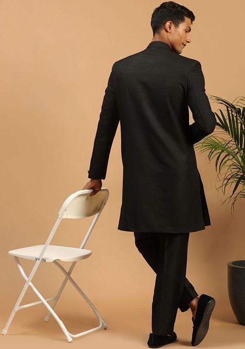 Black Solid Poly Blend Indowestern Sherwani Set For Men