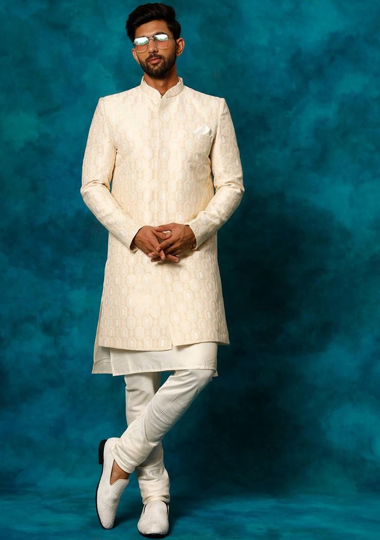 Beige Embroidered Poly Blend Indowestern Sherwani Set For Men