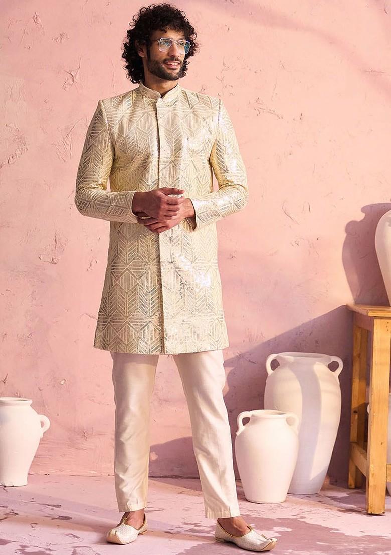 Cream Embellished Poly Blend Indowestern Sherwani Set For Men