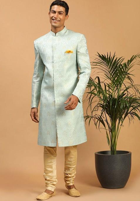 Metallic Embroidered Poly Blend Indowestern Sherwani Set For Men — view on Indya
