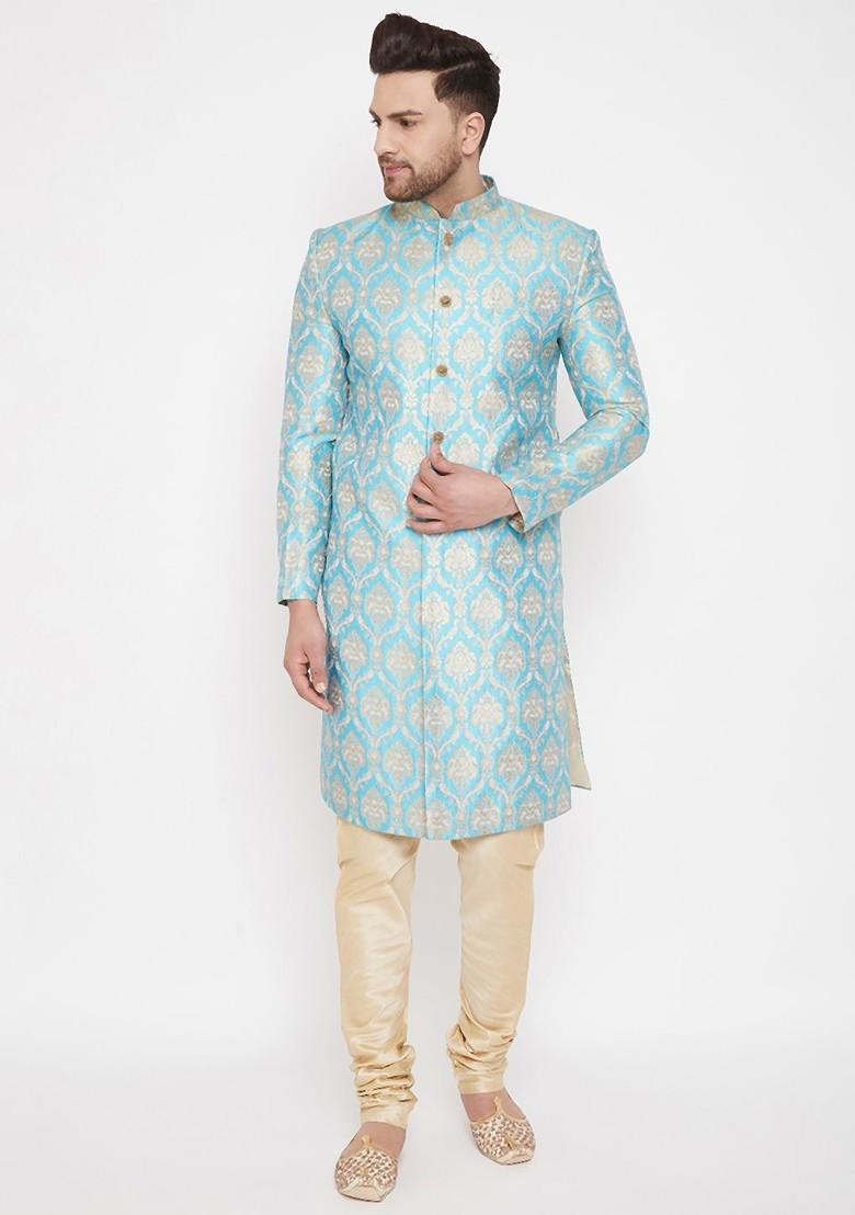 Sea Green Woven Poly Blend Indowestern Sherwani Set For Men