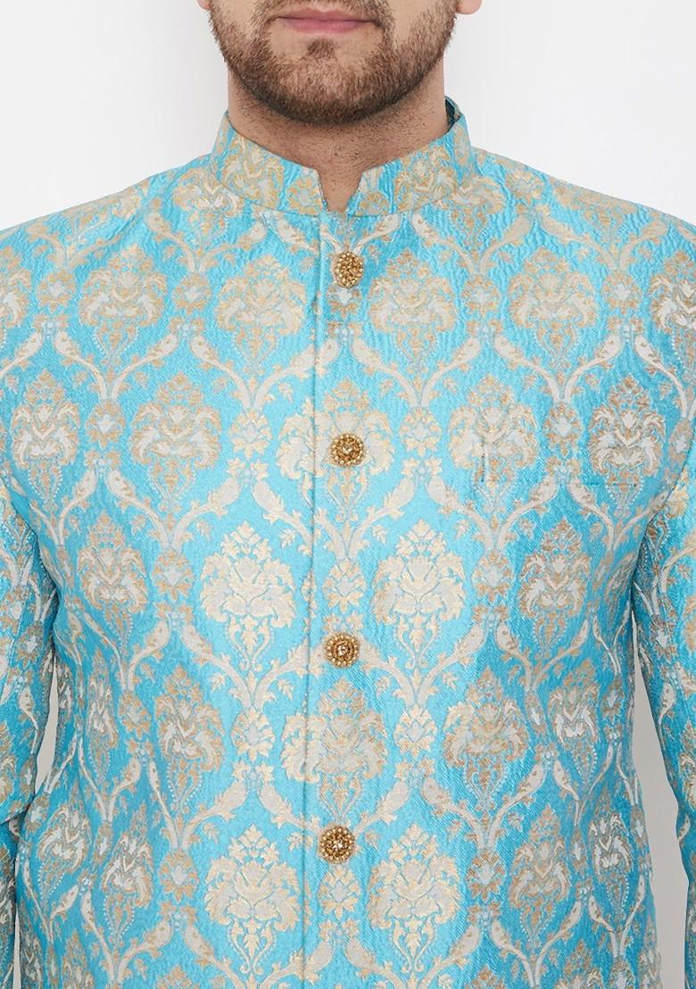 Sea Green Woven Poly Blend Indowestern Sherwani Set For Men