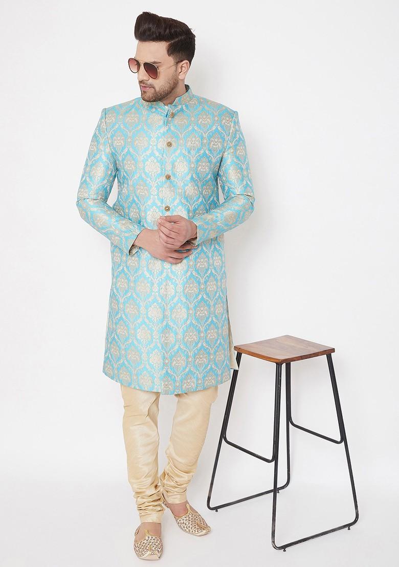 Sea Green Woven Poly Blend Indowestern Sherwani Set For Men