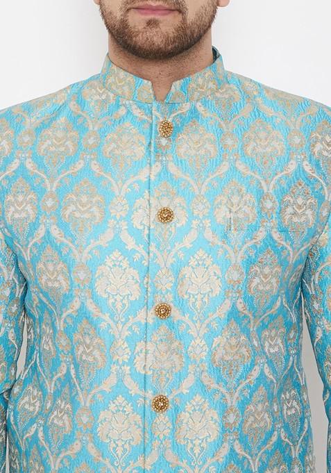 Sea Green Woven Poly Blend Indowestern Sherwani Set For Men