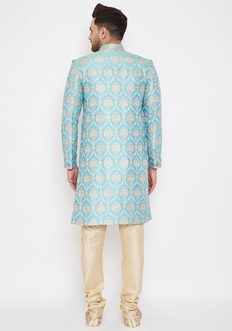 Sea Green Woven Poly Blend Indowestern Sherwani Set For Men