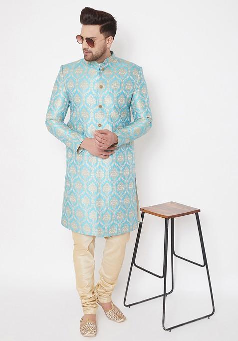 Sea Green Woven Poly Blend Indowestern Sherwani Set For Men