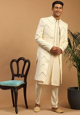 Cream Mirror Work Poly Blend Indowestern Sherwani Set For Men