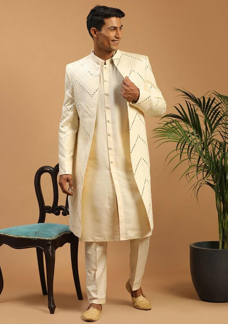 Cream Mirror Work Poly Blend Indowestern Sherwani Set For Men