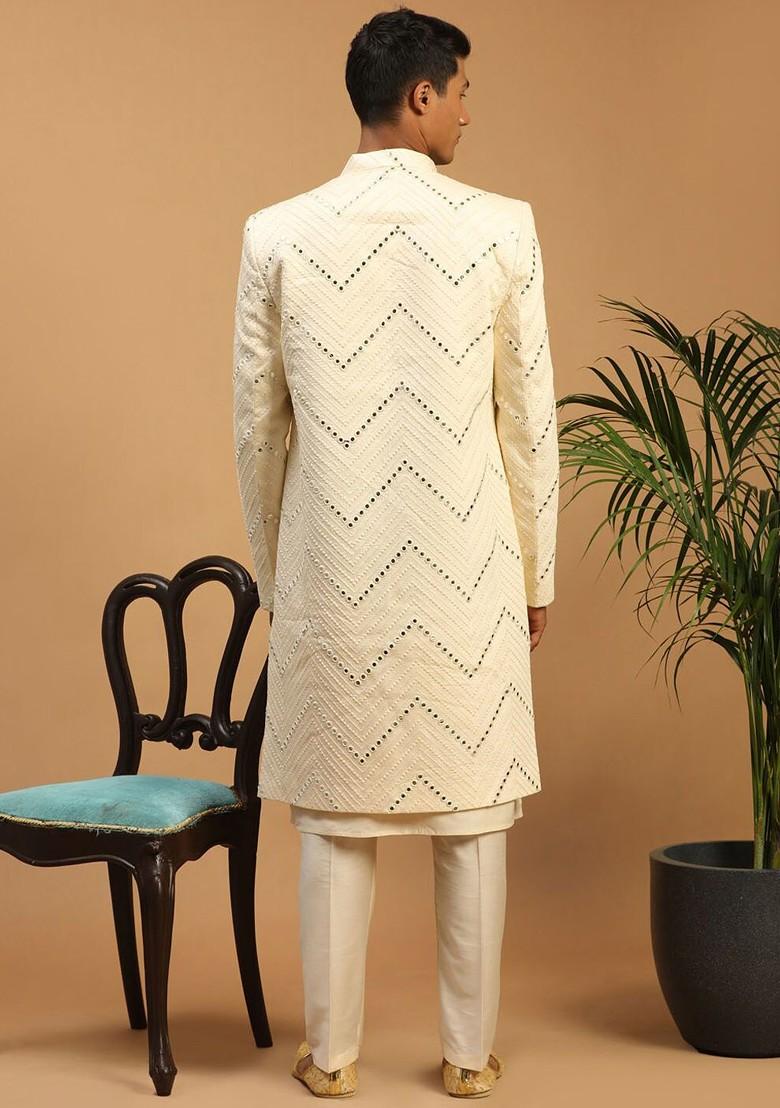 Cream Mirror Work Poly Blend Indowestern Sherwani Set For Men