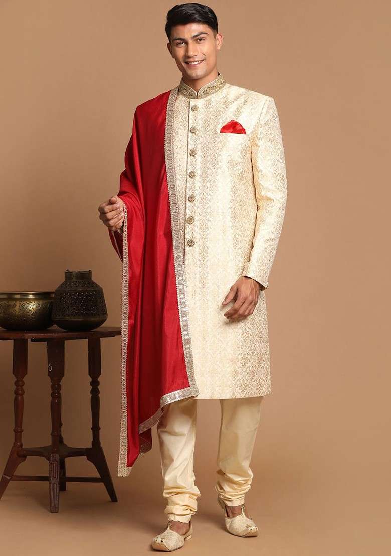 Beige Embroidered Poly Blend Indowestern Sherwani Set For Men - Indya