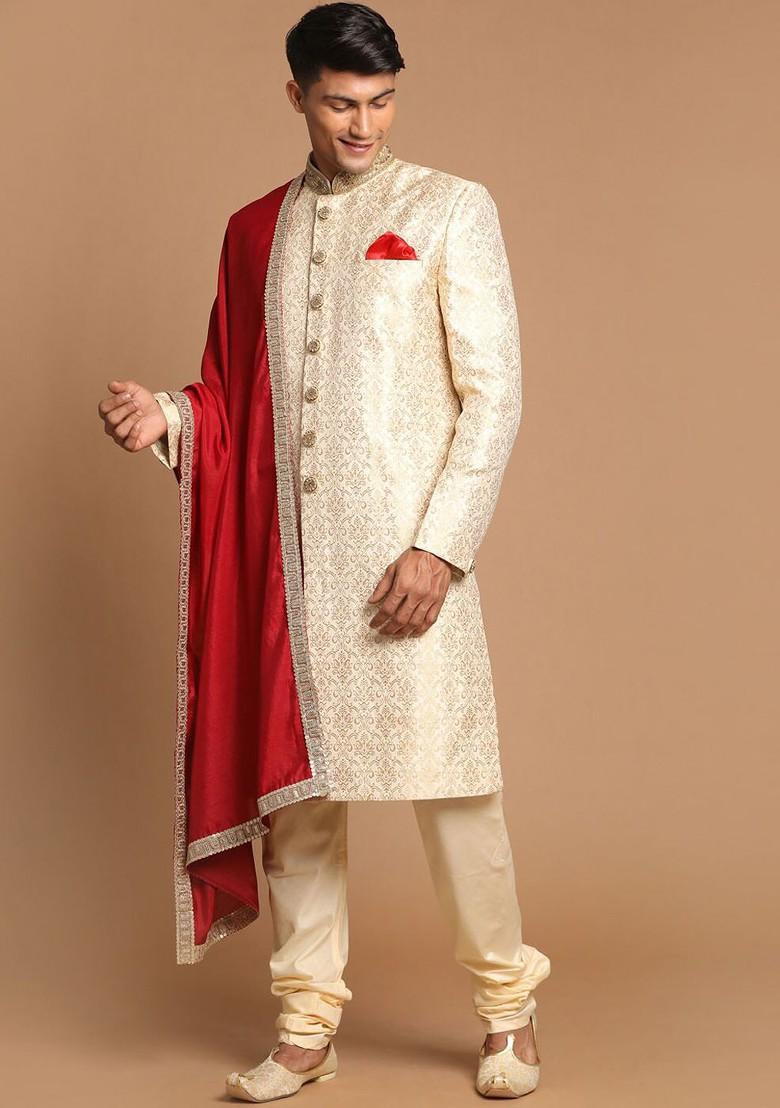 Beige Embroidered Poly Blend Indowestern Sherwani Set For Men