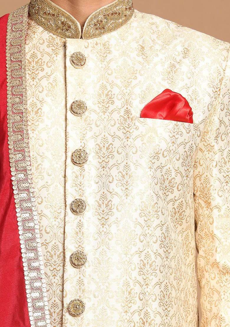 Beige Embroidered Poly Blend Indowestern Sherwani Set For Men - Indya