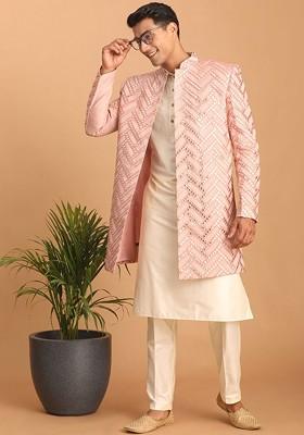Pink Embroidered Poly Blend Indowestern Sherwani Set For Men