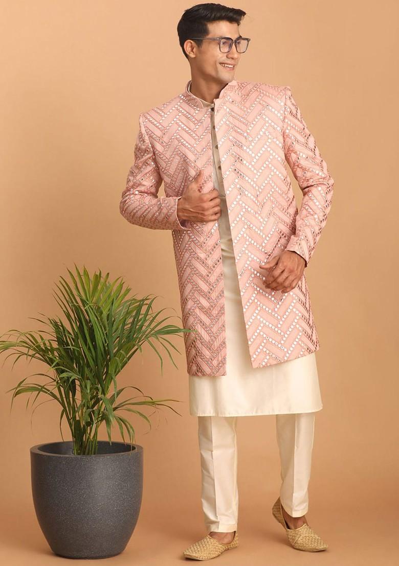Pink Embroidered Poly Blend Indowestern Sherwani Set For Men