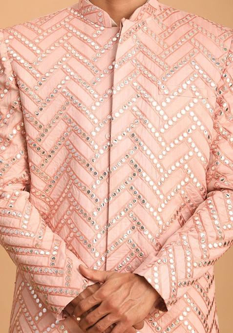 Pink Embroidered Poly Blend Indowestern Sherwani Set For Men