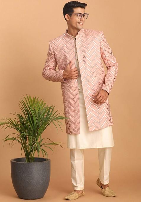 Pink Embroidered Poly Blend Indowestern Sherwani Set For Men