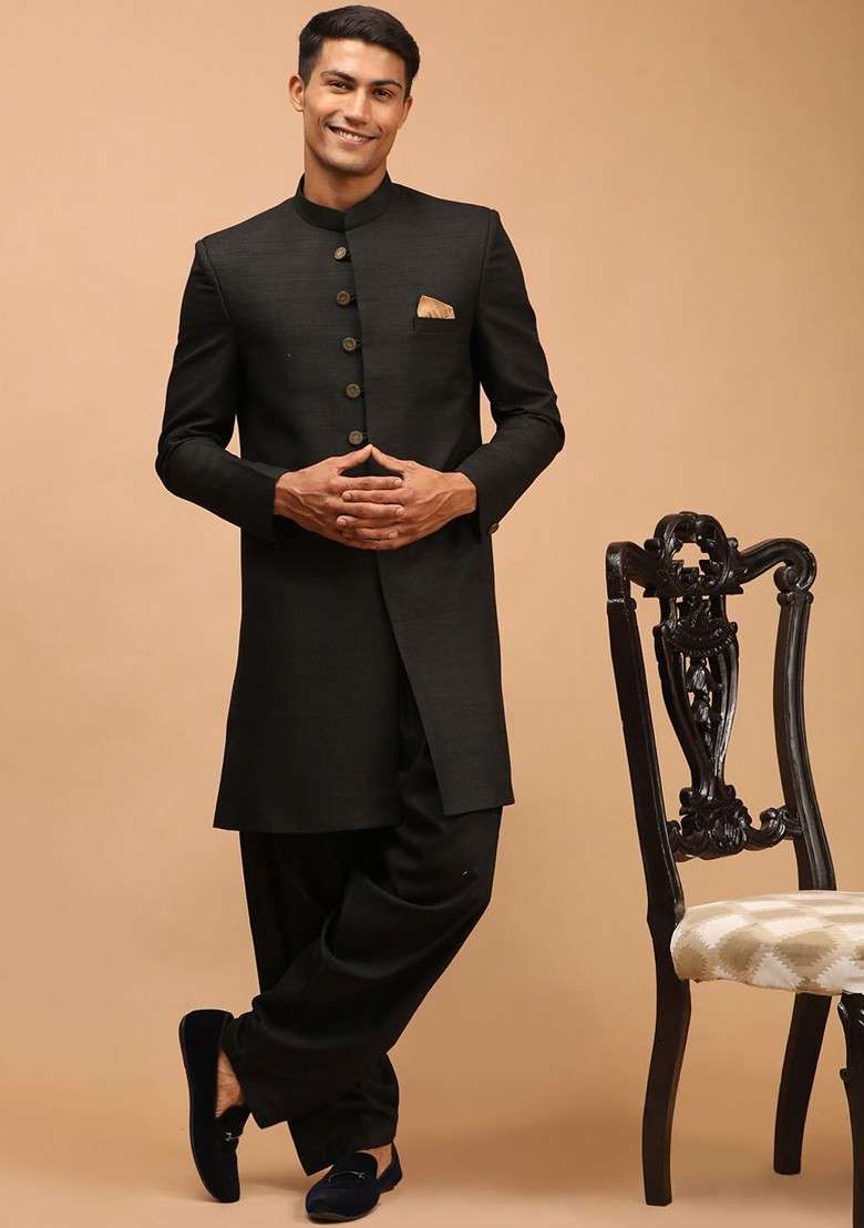 Black Solid Poly Blend Indowestern Sherwani Set For Men - Indya