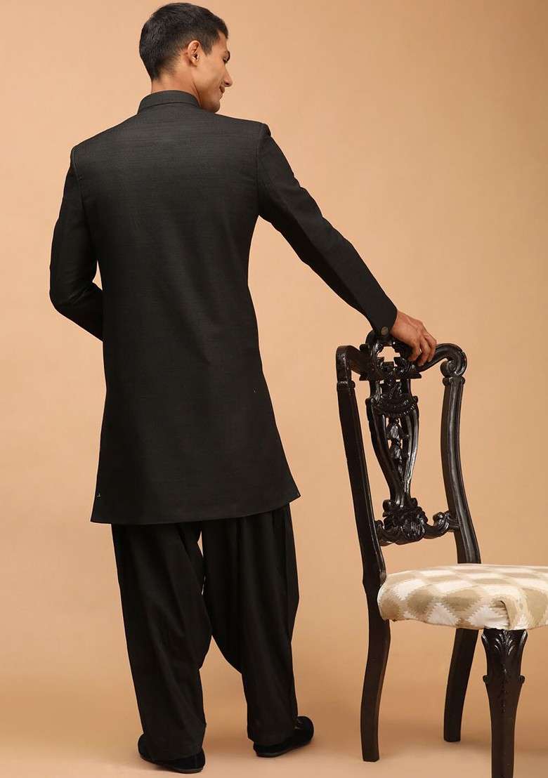 Black Solid Poly Blend Indowestern Sherwani Set For Men - Indya