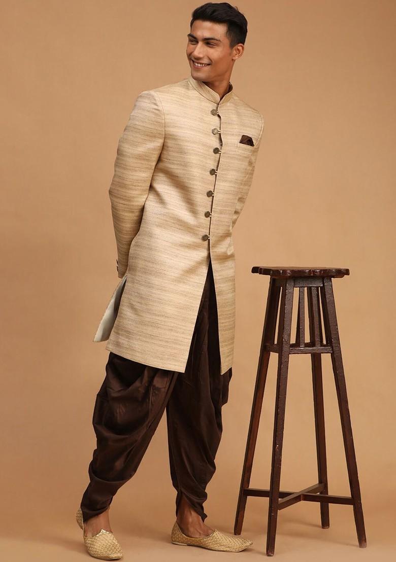 Beige Striped Poly Blend Indowestern Sherwani Set For Men