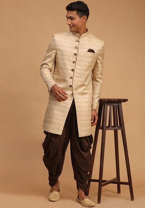 Beige Striped Poly Blend Indowestern Sherwani Set For Men — view on Indya