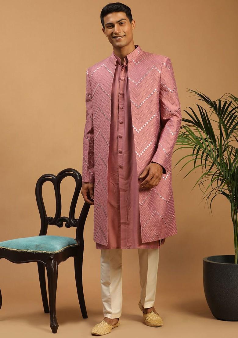 Pink Mirror Work Poly Blend Indowestern Sherwani Set For Men