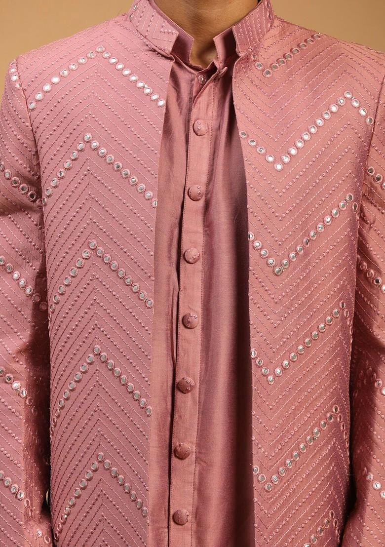 Pink Mirror Work Poly Blend Indowestern Sherwani Set For Men