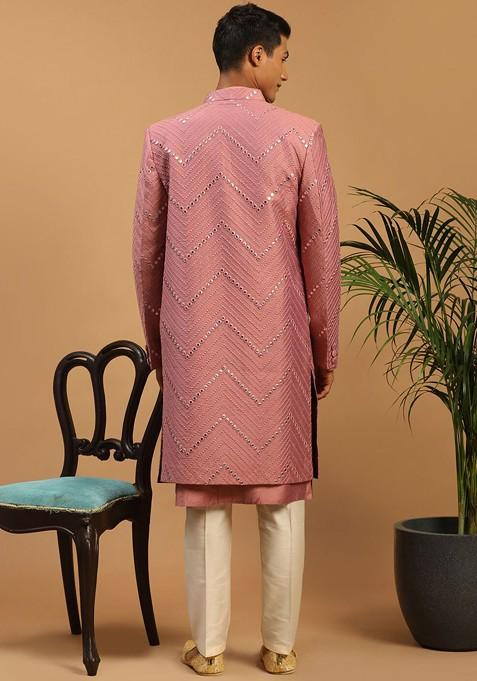 Pink Mirror Work Poly Blend Indowestern Sherwani Set For Men