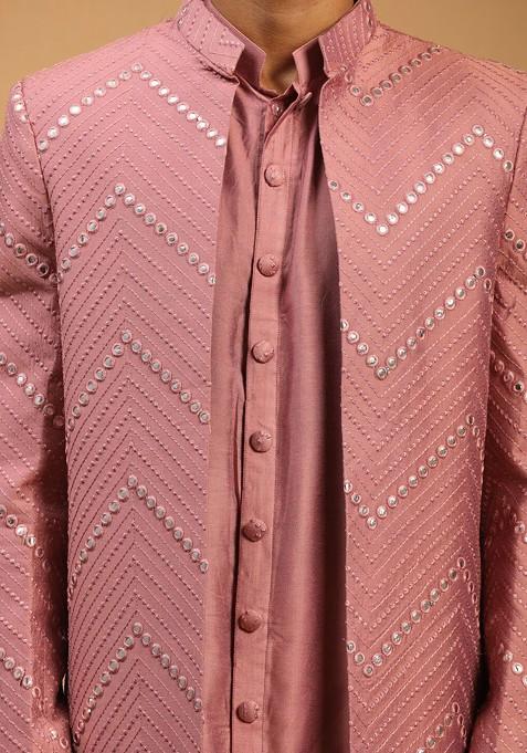 Pink Mirror Work Poly Blend Indowestern Sherwani Set For Men