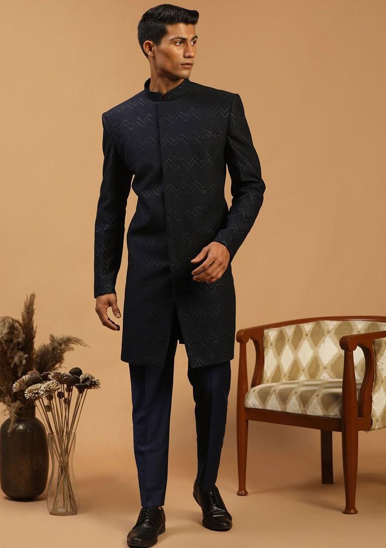 Navy Blue Solid Silk Indowestern Sherwani Set For Men