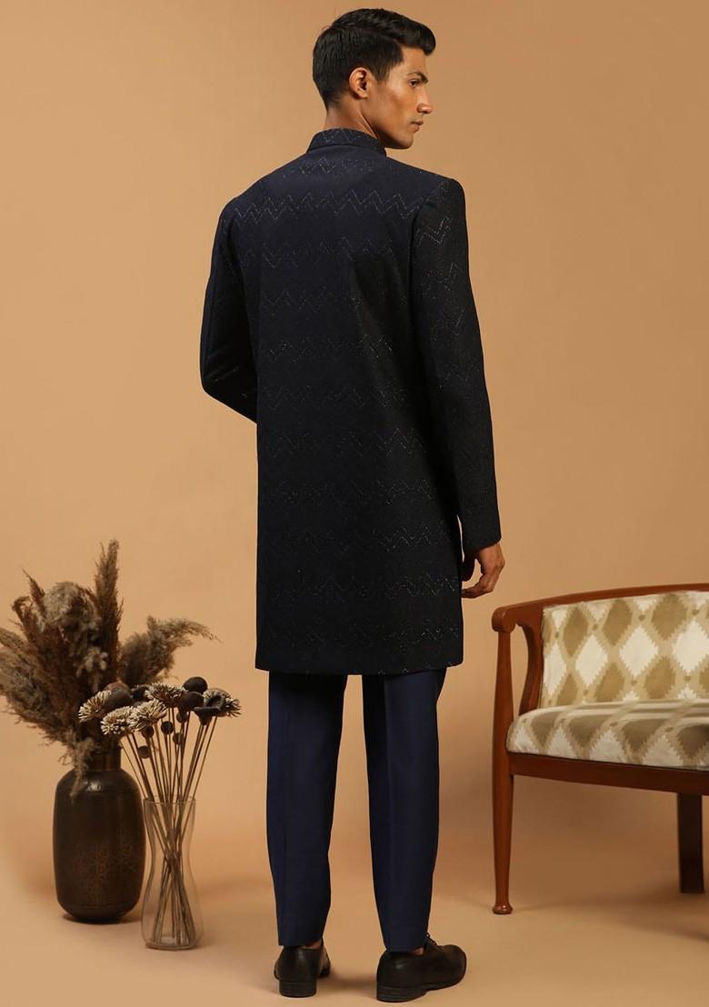 Navy Blue Solid Silk Indowestern Sherwani Set For Men
