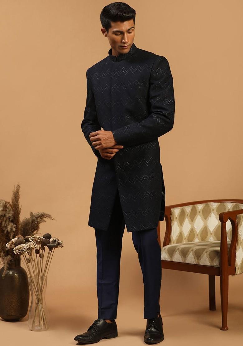Navy Blue Solid Silk Indowestern Sherwani Set For Men