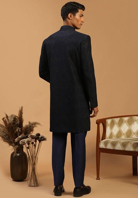 Navy Blue Solid Silk Indowestern Sherwani Set For Men