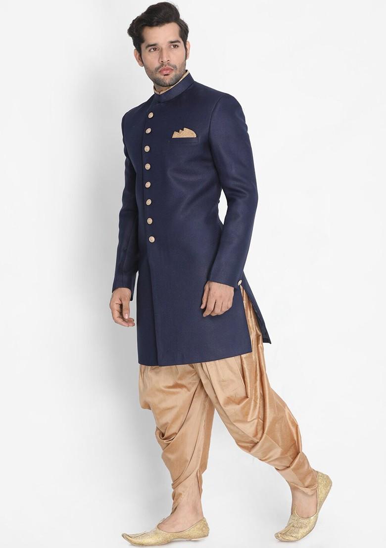 Navy Blue Solid Cotton Indowestern Sherwani Set For Men
