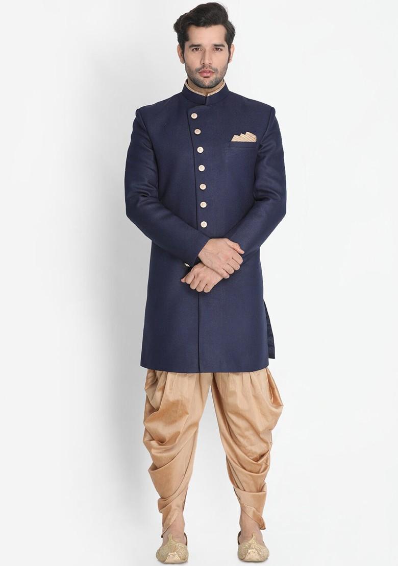 Navy Blue Solid Cotton Indowestern Sherwani Set For Men