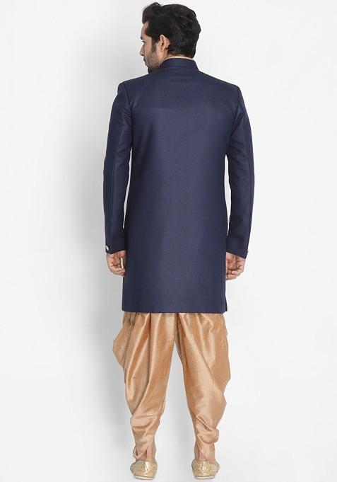 Navy Blue Solid Cotton Indowestern Sherwani Set For Men