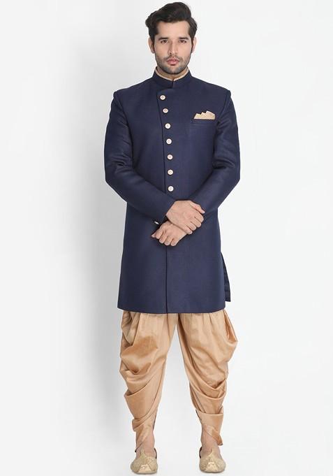Navy Blue Solid Cotton Indowestern Sherwani Set For Men