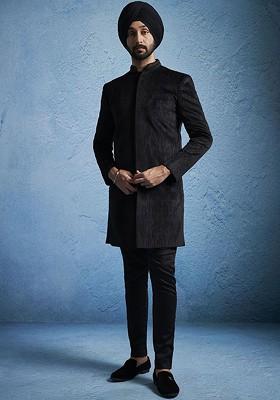 Black Embroidered Poly Blend Indowestern Sherwani Set For Men